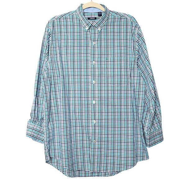 IZOD Check Button Down Shirt Non-Iron Stretch Long Sleeve Top Blue Green White - Picture 2 of 11